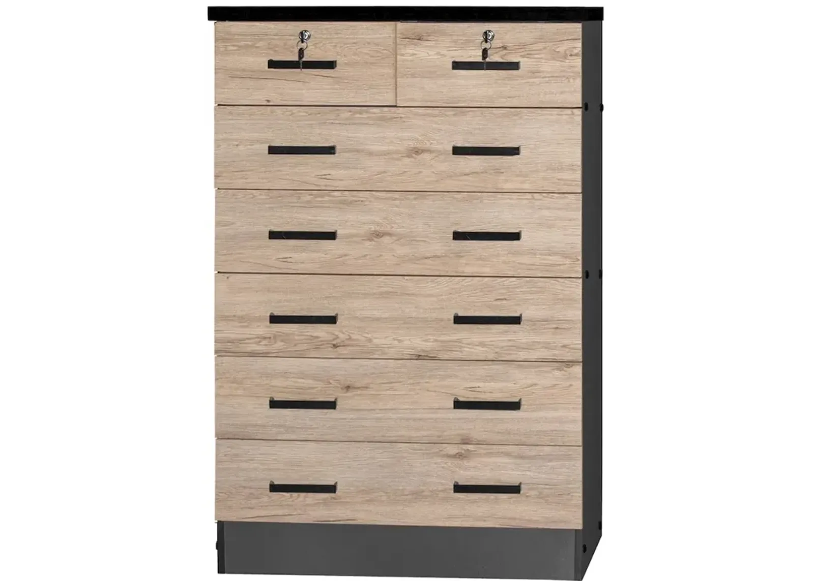 7 Drawer Chest Wooden Dresser with Lock (Natural Oak + Dark Gray)