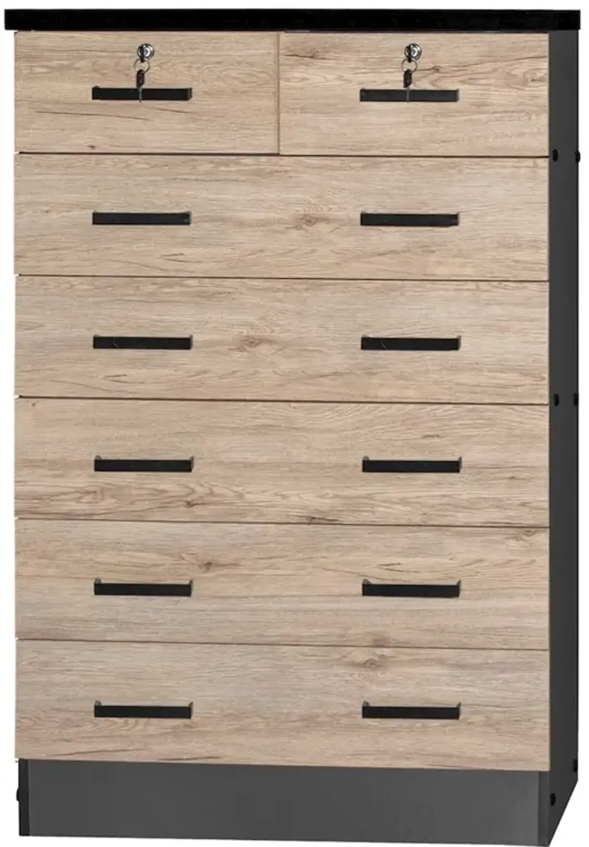 7 Drawer Chest Wooden Dresser with Lock (Natural Oak + Dark Gray)