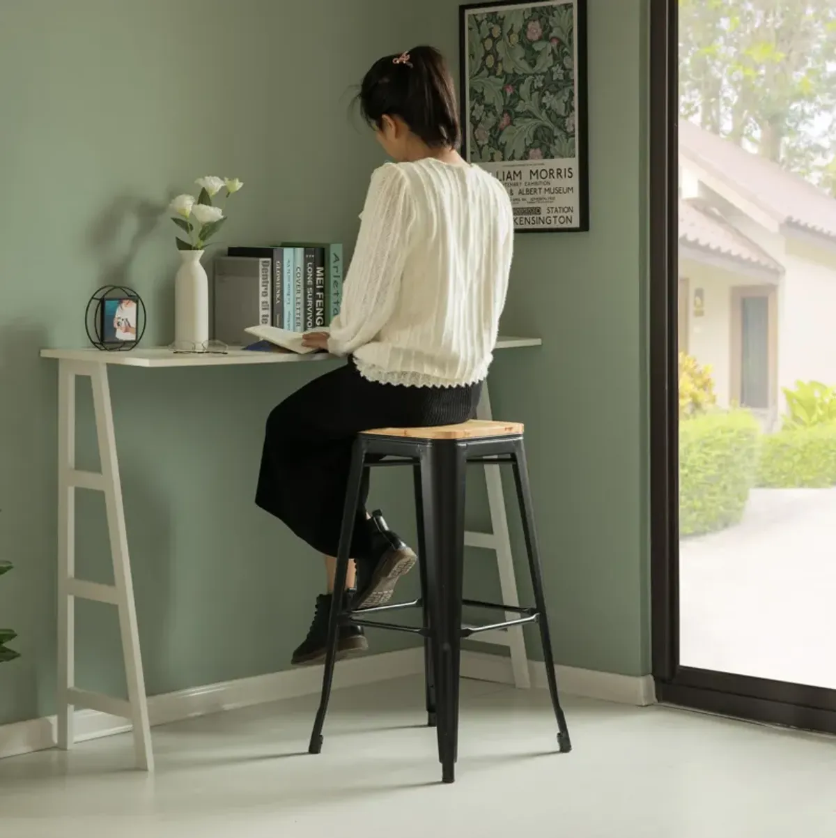 30" Large Decorative Accent Bar Stool for Indoor and Outdoor, Wooden Brown and Metal Black