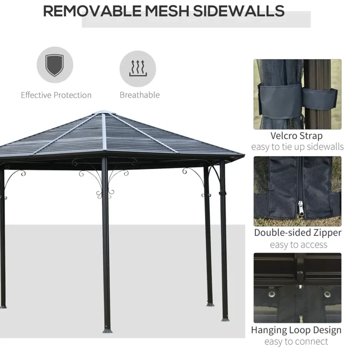 Black Outdoor Pavilion: 13'x13' Steel Hexagonal Gazebo with Netting