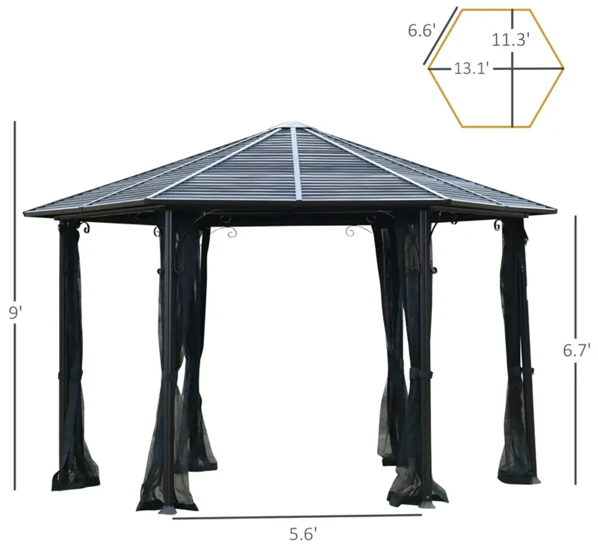 Black Outdoor Pavilion: 13'x13' Steel Hexagonal Gazebo with Netting