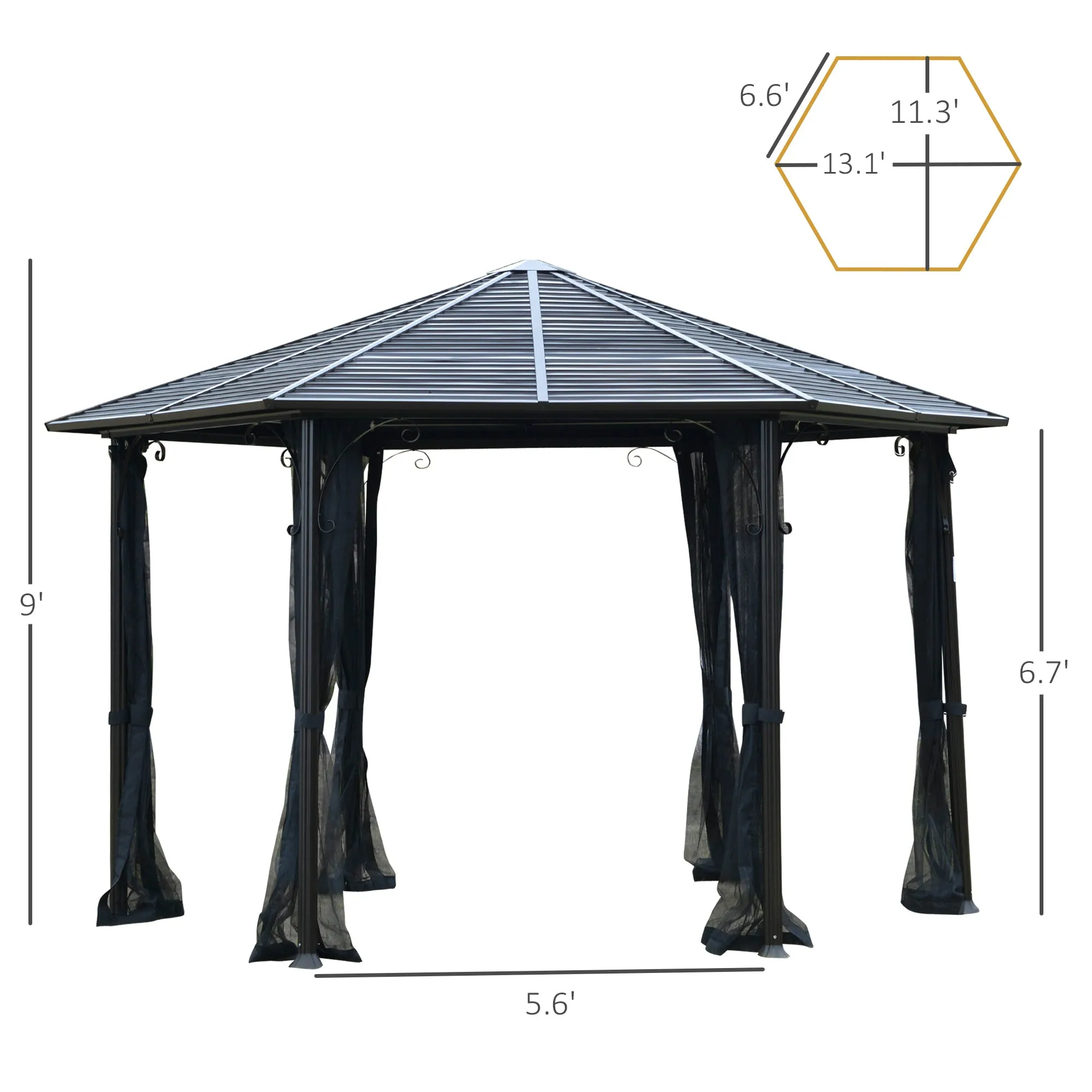 13' x 13' Steel Hexagonal Gazebo Canopy Heavy Duty Outdoor Pavilion with Aluminum Alloy Frame, Netting Sidewalls, Black