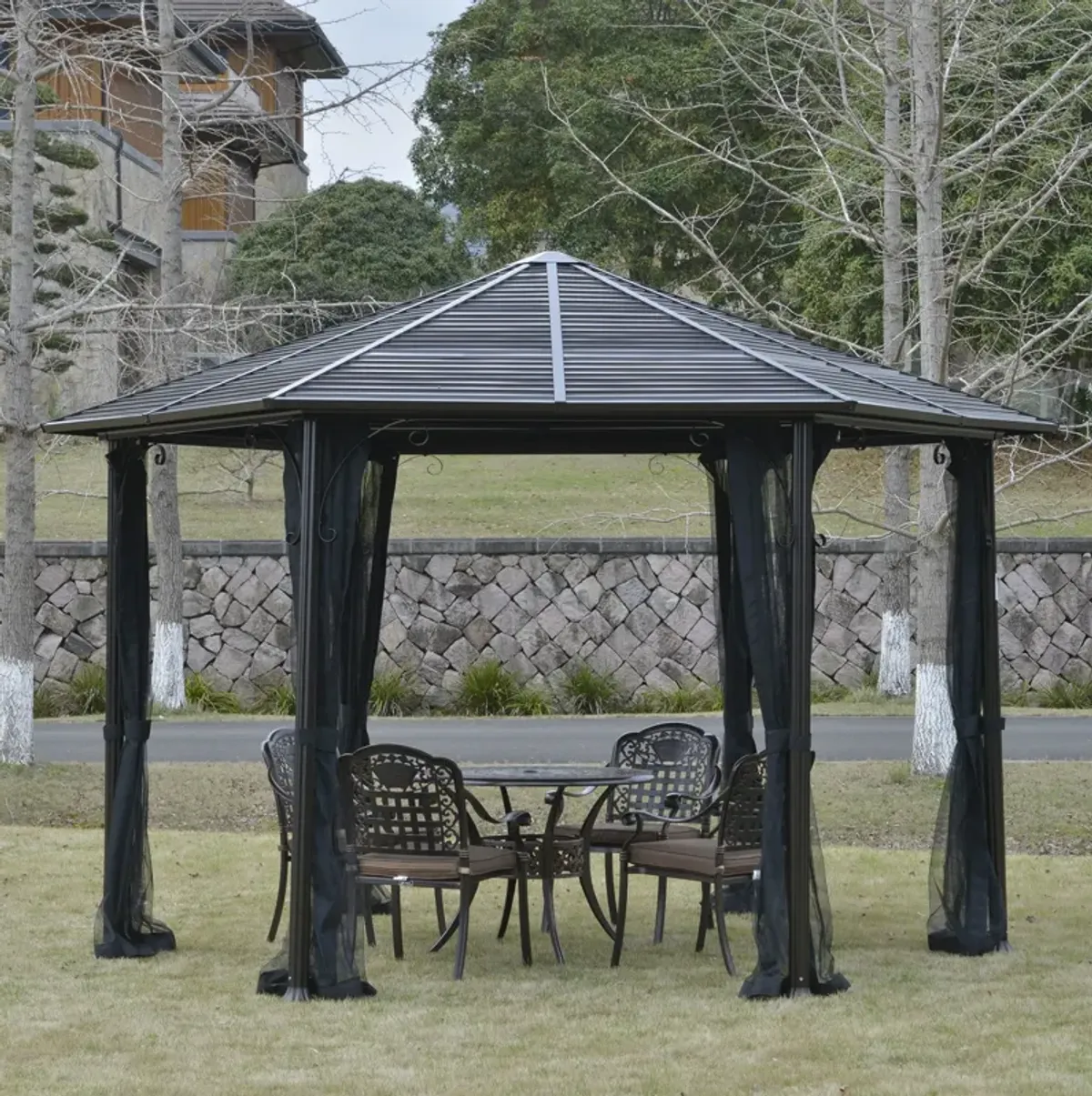 Black Outdoor Pavilion: 13'x13' Steel Hexagonal Gazebo with Netting