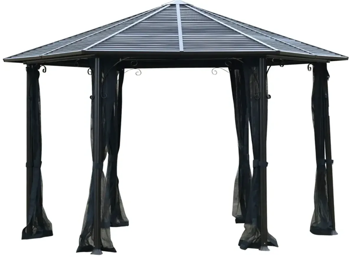 Black Outdoor Pavilion: 13'x13' Steel Hexagonal Gazebo with Netting