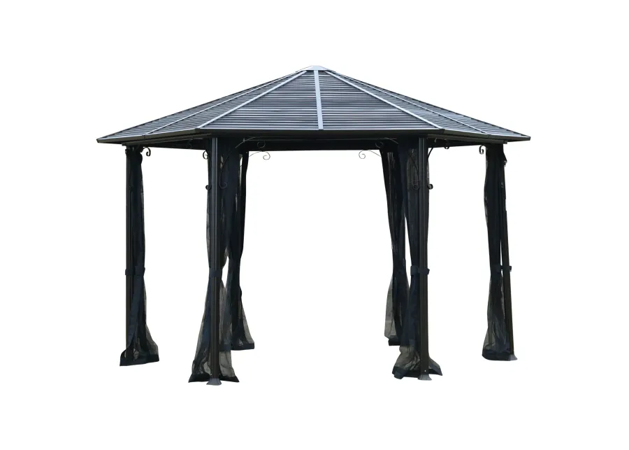 Black Outdoor Pavilion: 13'x13' Steel Hexagonal Gazebo with Netting