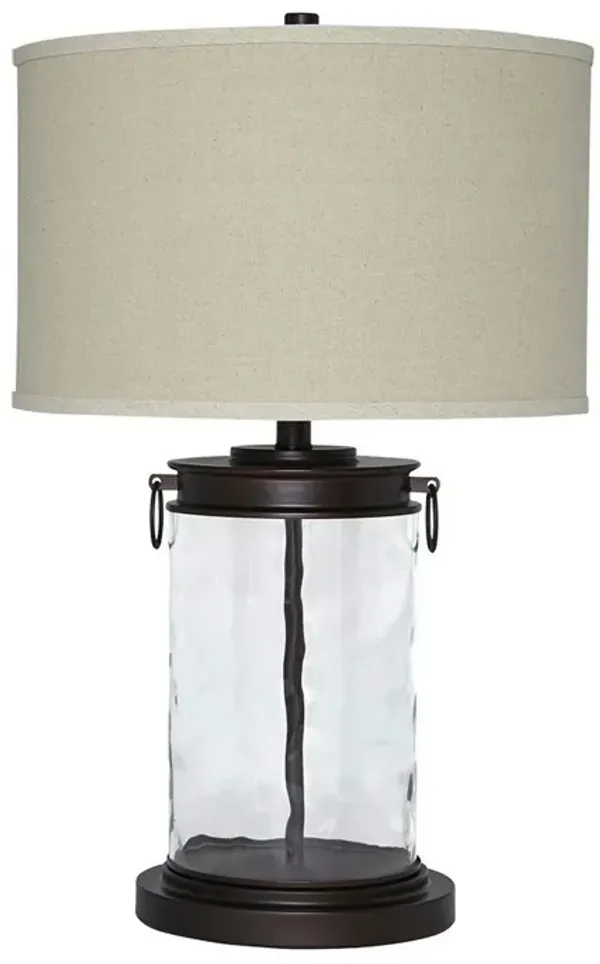 Drum Shade Table Lamp with Glass Insert Base, Bronze - Benzara