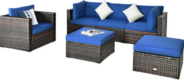 6 Pcs Patio Rattan Furniture Set with Sectional Cushion