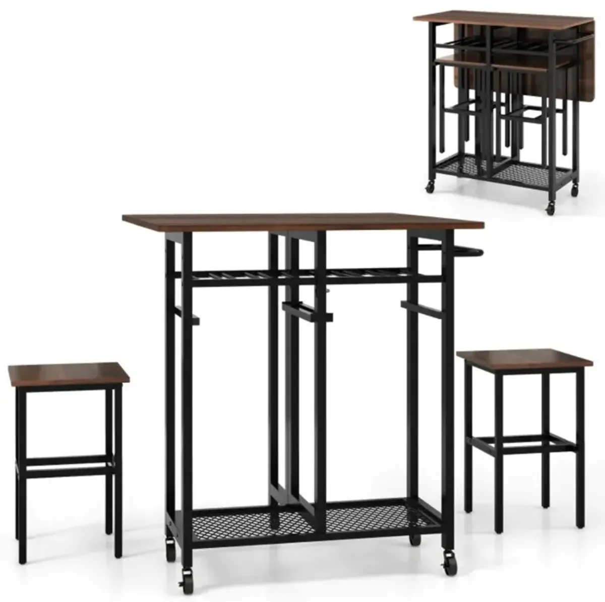 3 Piece Dining Table Set with 6-Bottle Wine Rack