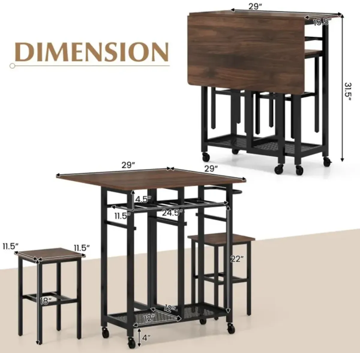 3 Piece Dining Table Set with 6-Bottle Wine Rack