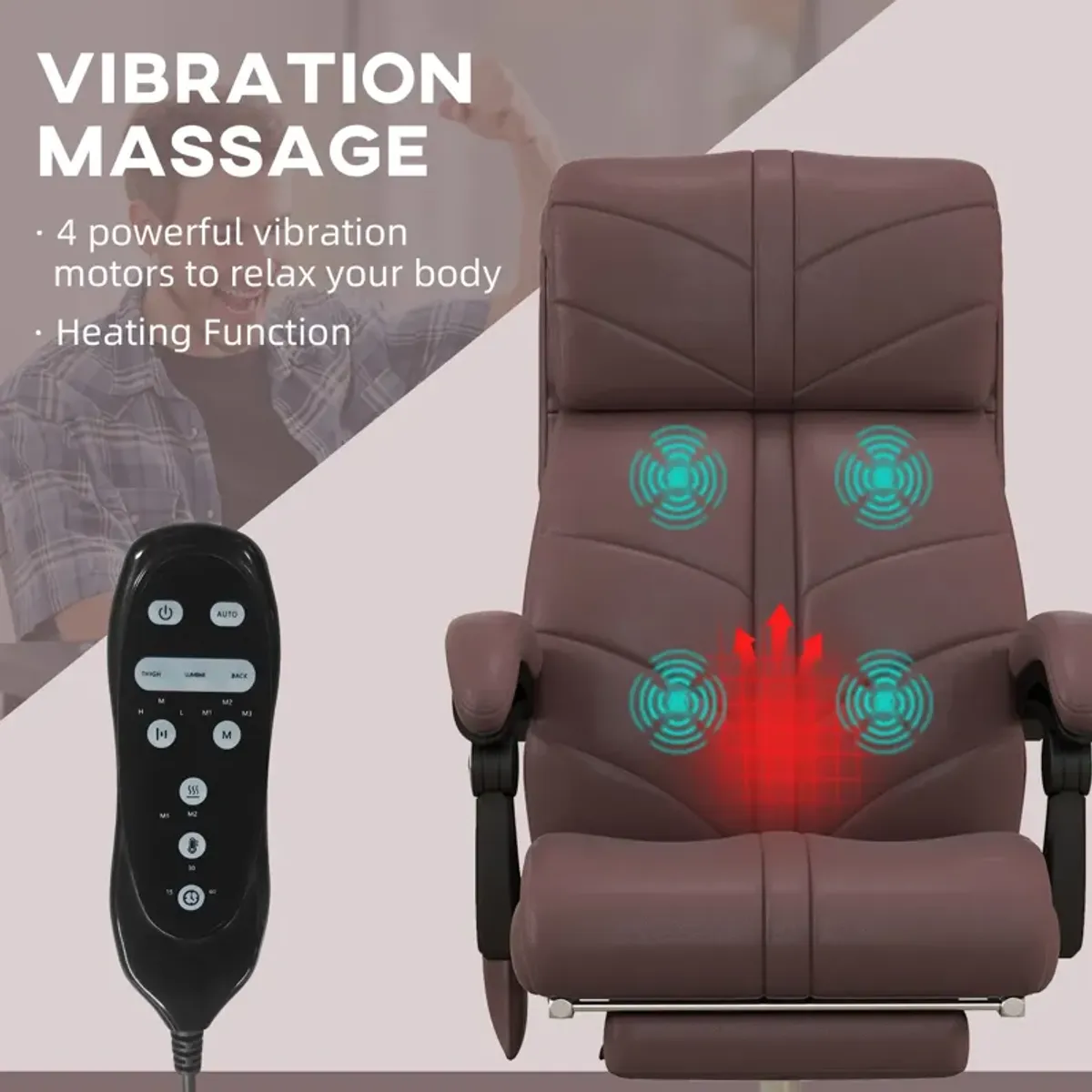 Brown PU Leather Massage Chair: 4 Vibration Points, Reclining