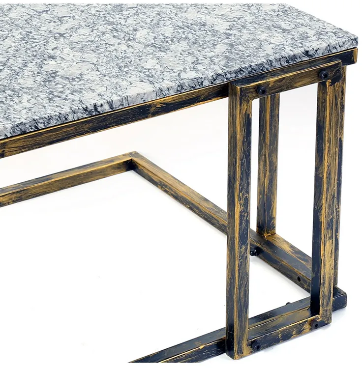 22 Inch Granite Top Plant Stand, Cast Iron Frame, Gray, Black, Gold-Benzara