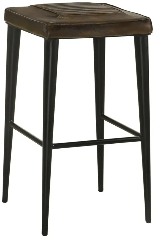 Elsa 30 Inch Bar Stool Set of 2, Hand Dyed Leather, Channel Tufted, Brown  - Benzara