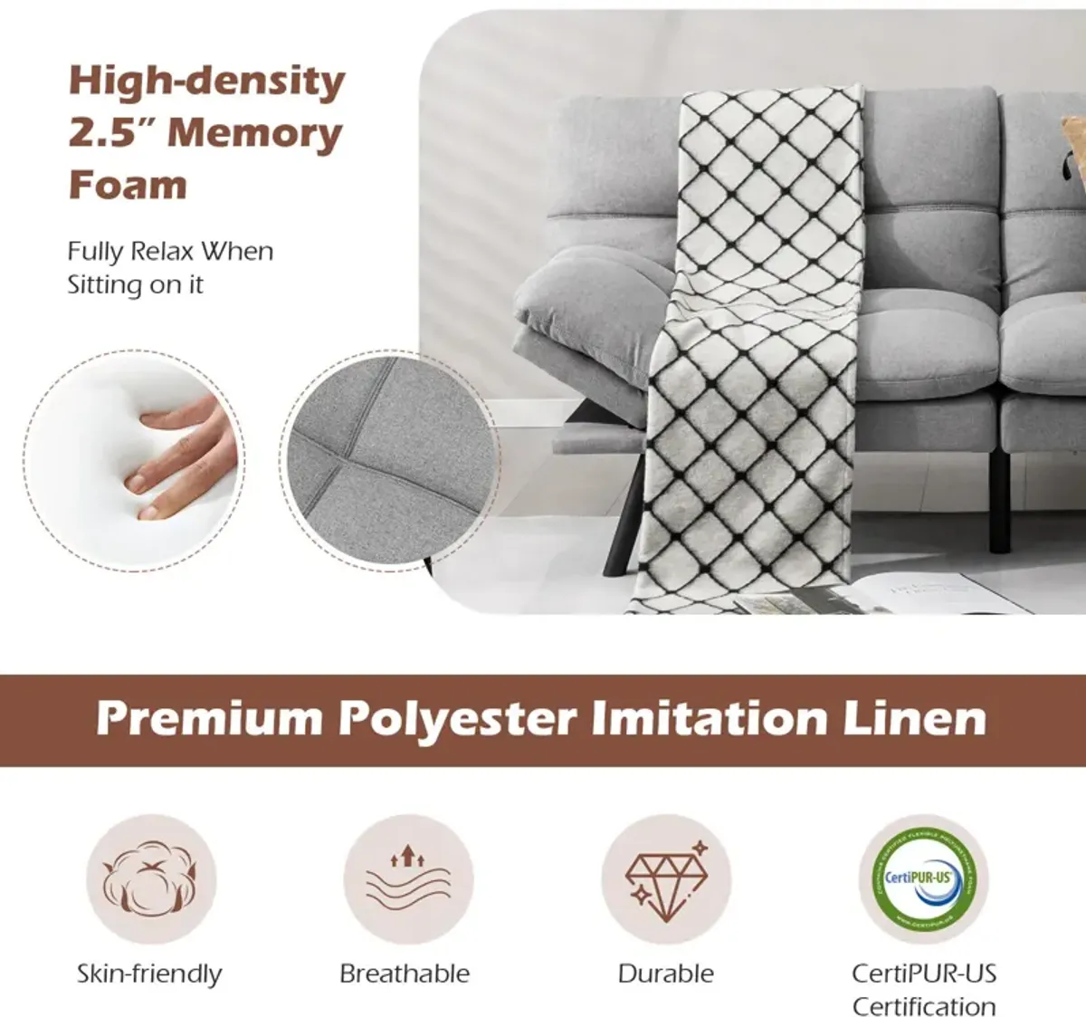 Convertible Memory Foam Futon Sofa Bed with Adjustable Armrest