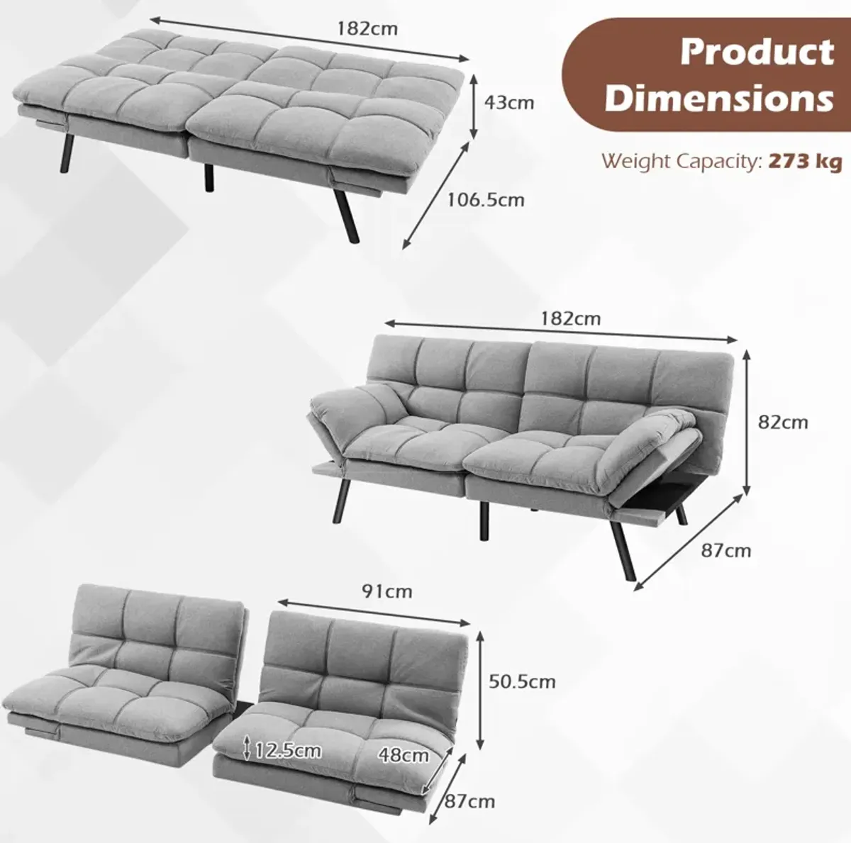 Convertible Memory Foam Futon Sofa Bed with Adjustable Armrest