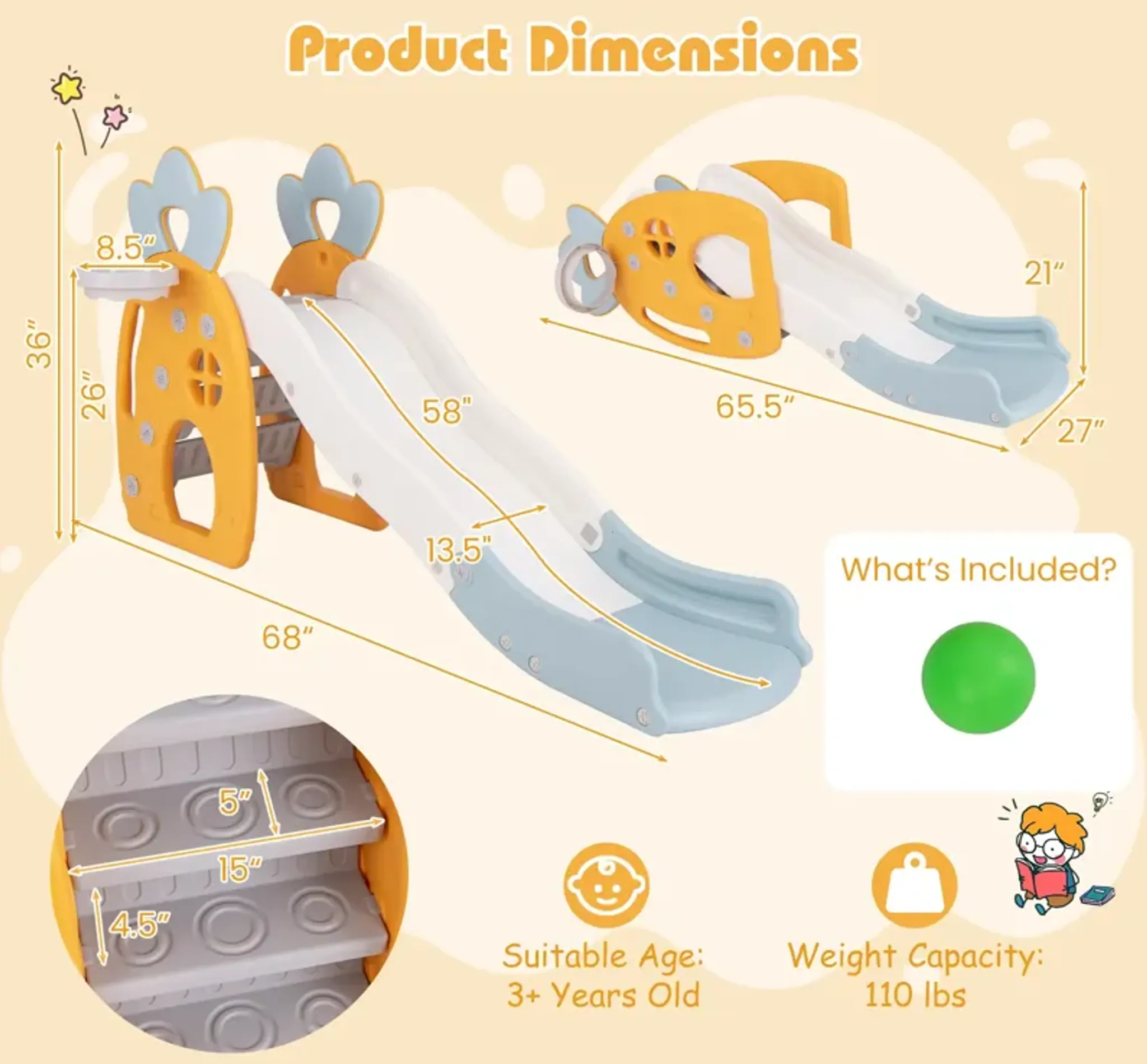 Foldable Slide With Basketball Hoop And Buffer Zone For Kids Aged 3 ...