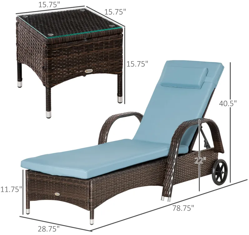 Rattan Outdoor Set: 3PC Adjustable Lounger with Side Table