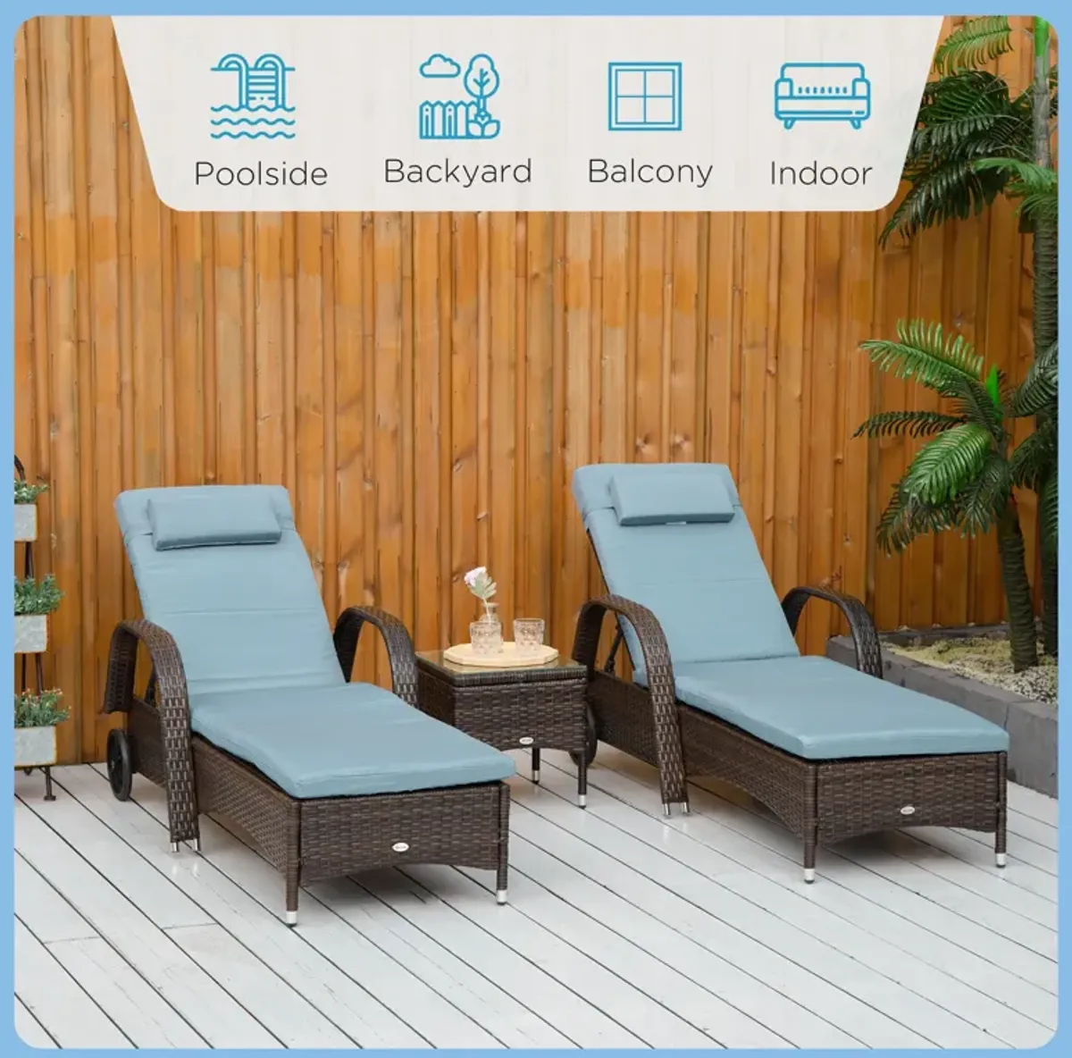 Rattan Outdoor Set: 3PC Adjustable Lounger with Side Table