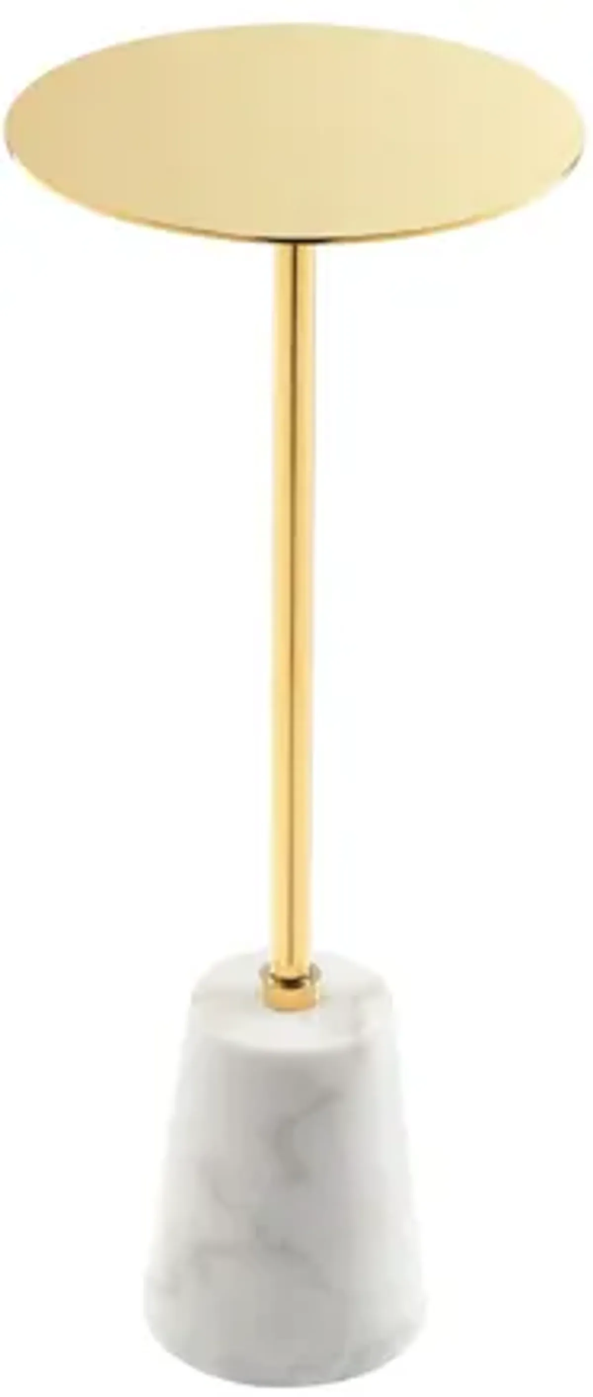 Sen 8 Inch Side End Drink Table, Round, White Genuine Marble, Gold Finish - Benzara