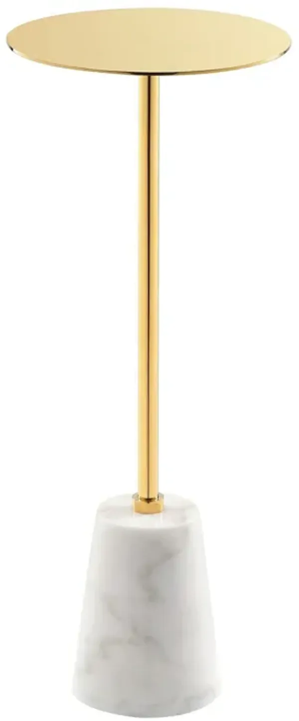 Sen 8 Inch Side End Drink Table, Round, White Genuine Marble, Gold Finish - Benzara