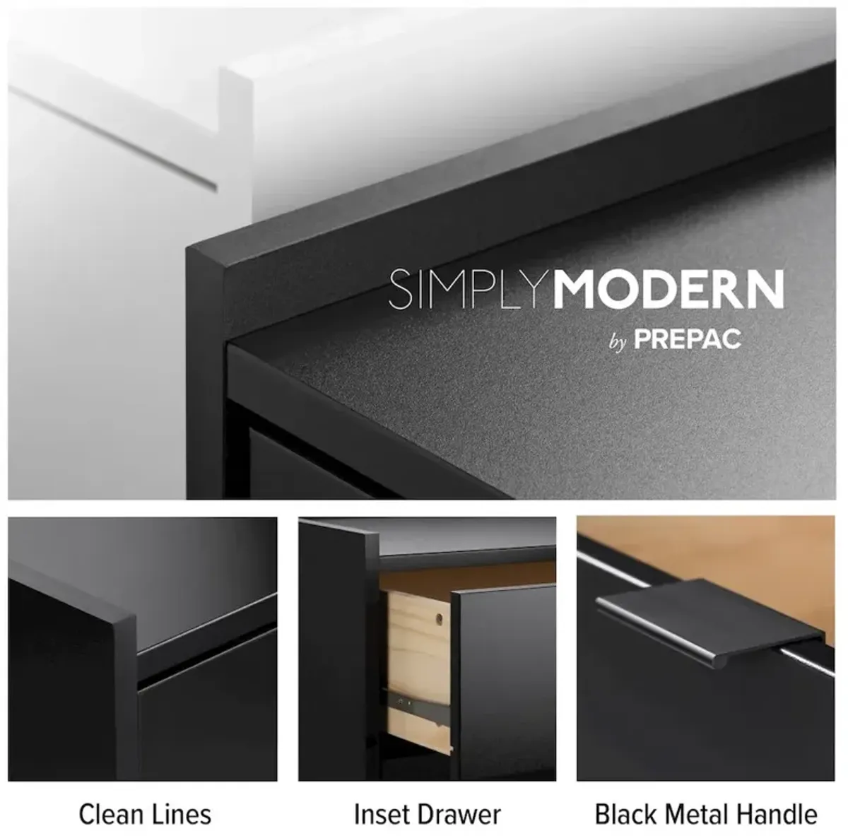 Prepac Simply Modern Black 2 Drawer 23.75 W Nightstand