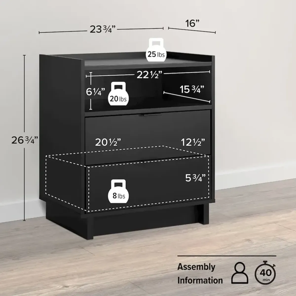 Prepac Simply Modern Black 2 Drawer 23.75 W Nightstand