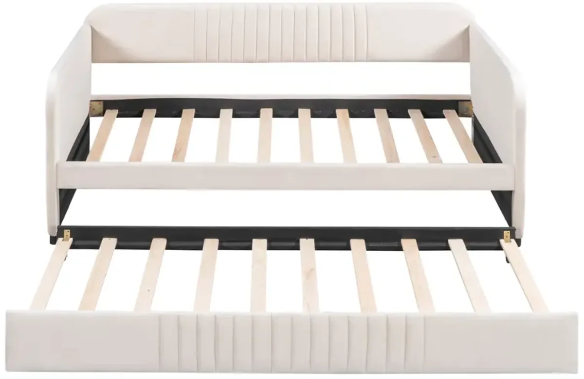 Upholstered Daybed Sofa Bed Twin Size With Trundle Bed And Wood Slat, Beige