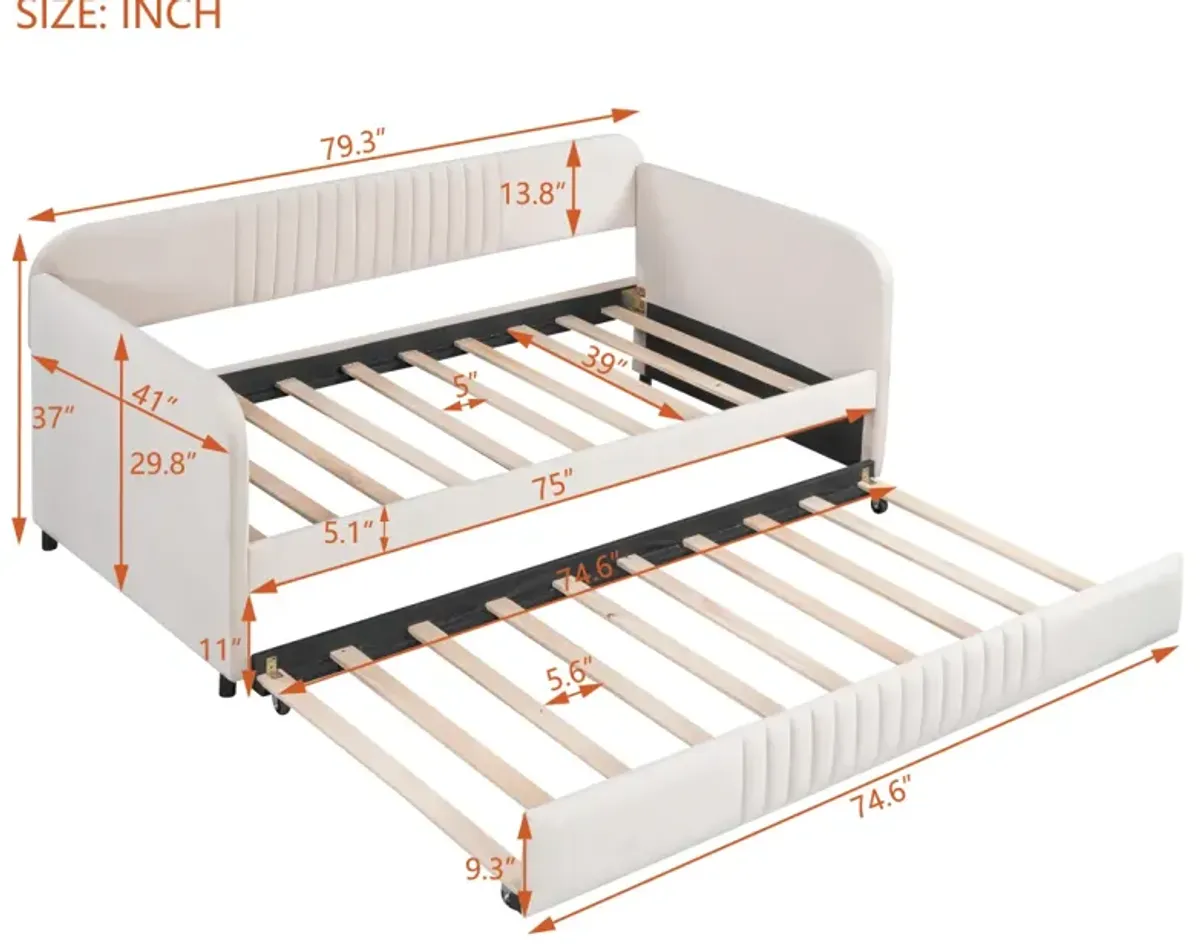 Upholstered Daybed Sofa Bed Twin Size With Trundle Bed And Wood Slat, Beige