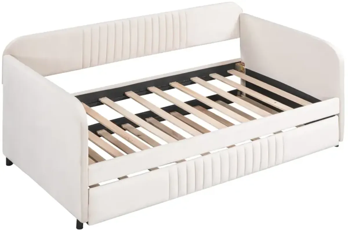 Upholstered Daybed Sofa Bed Twin Size With Trundle Bed And Wood Slat, Beige