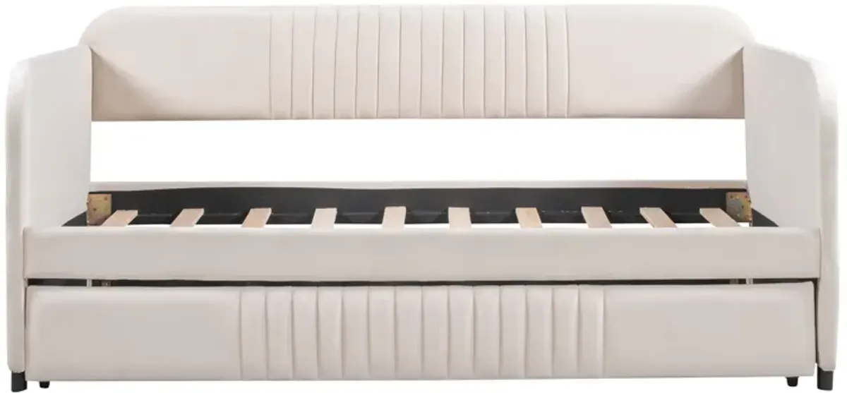 Upholstered Daybed Sofa Bed Twin Size With Trundle Bed And Wood Slat, Beige