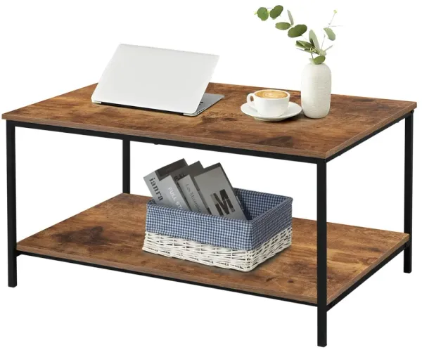 SENIG Small Brown Rectangle Wood and Metal Coffee Table with Storage Shelf for Small Living Rooms
