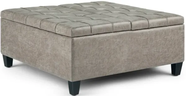 Harrison 36 inch Wide Transitional Square Coffee Table Storage Ottoman in Distressed Grey Taupe Vegan Faux Leather, Assembled