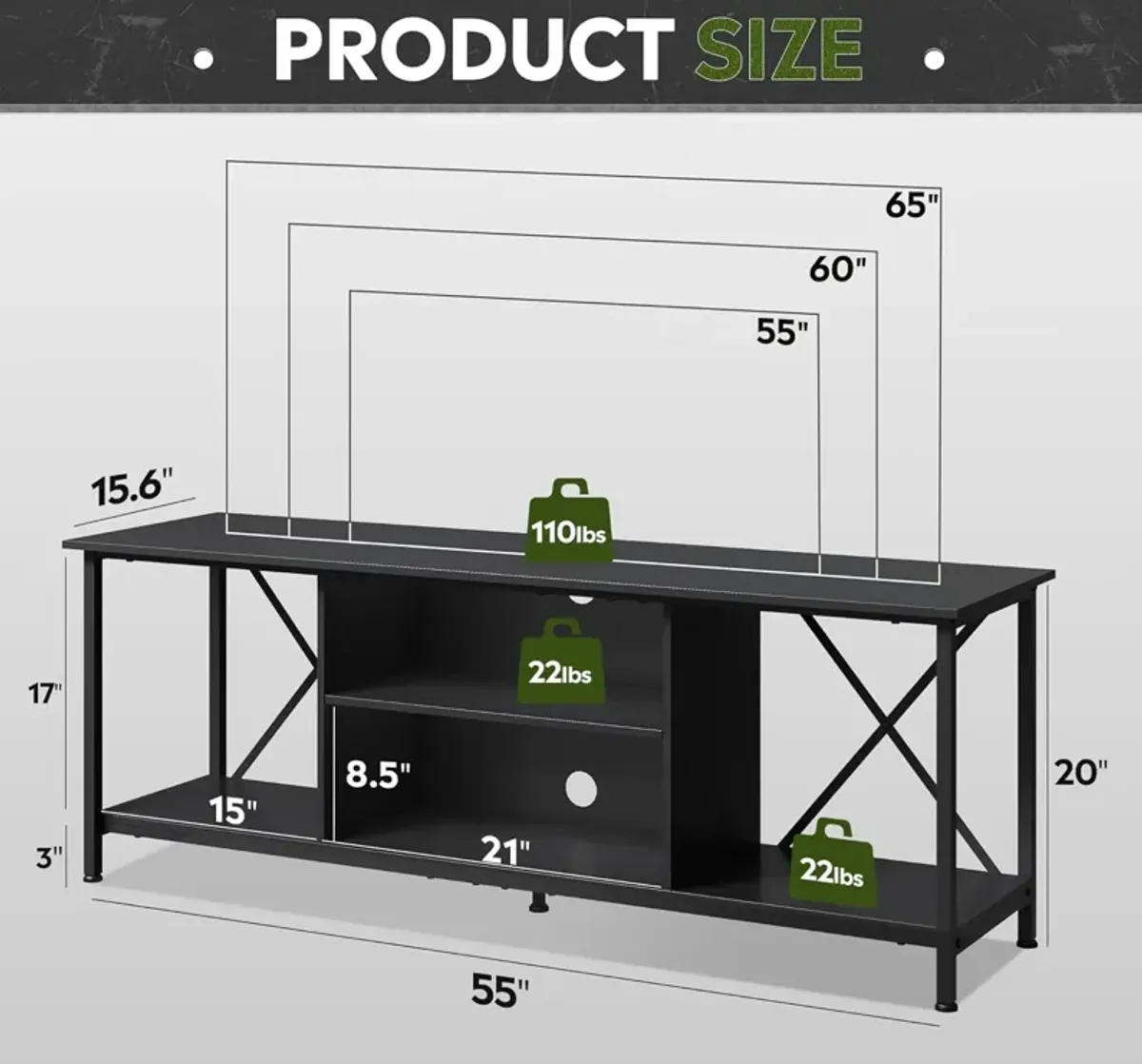 Black 55" Entertainment Center,Living Room TV Stand