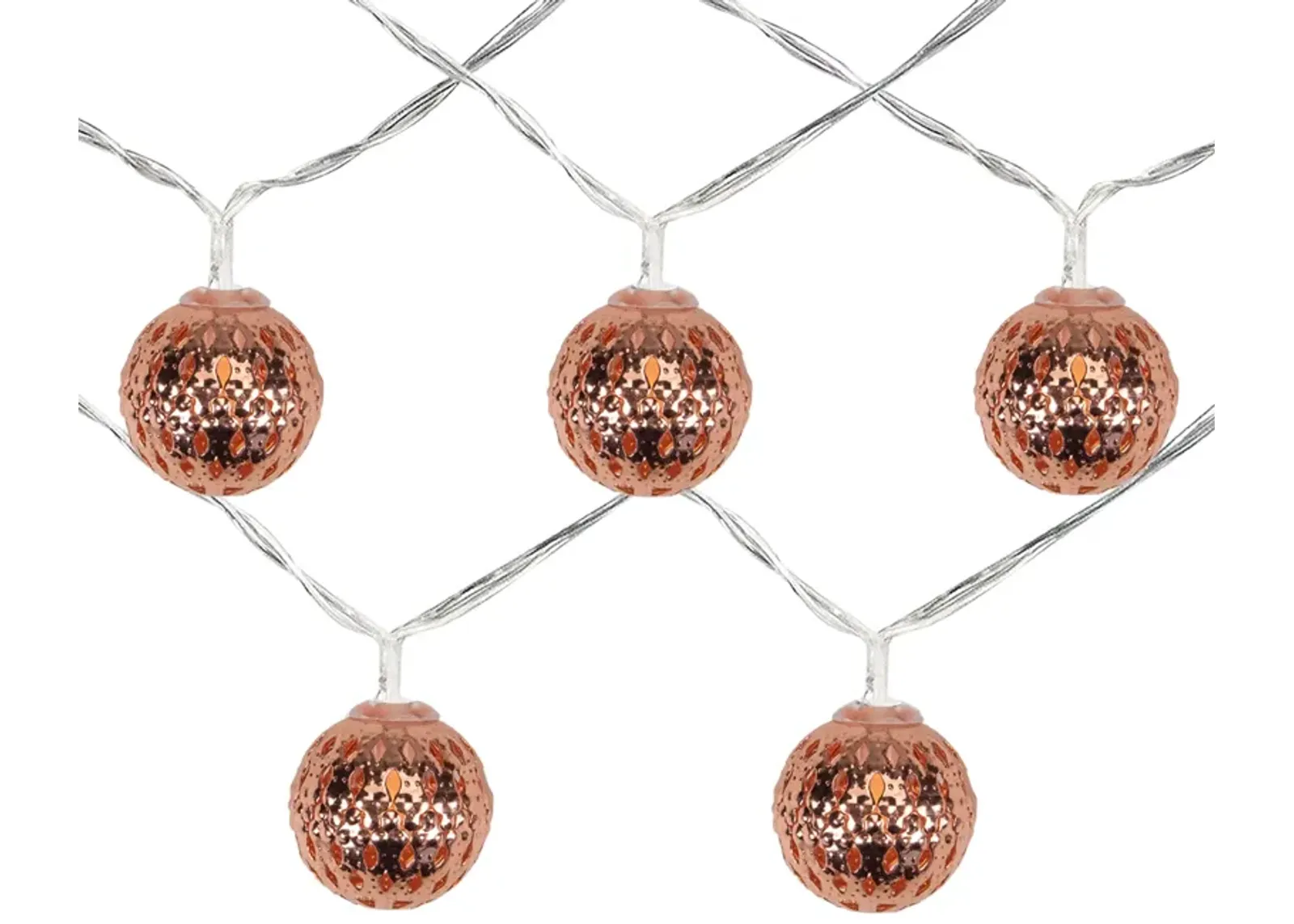 10 B/O LED Warm White Rose Gold Metal Ball Christmas Lights - 6.25' Clear Wire