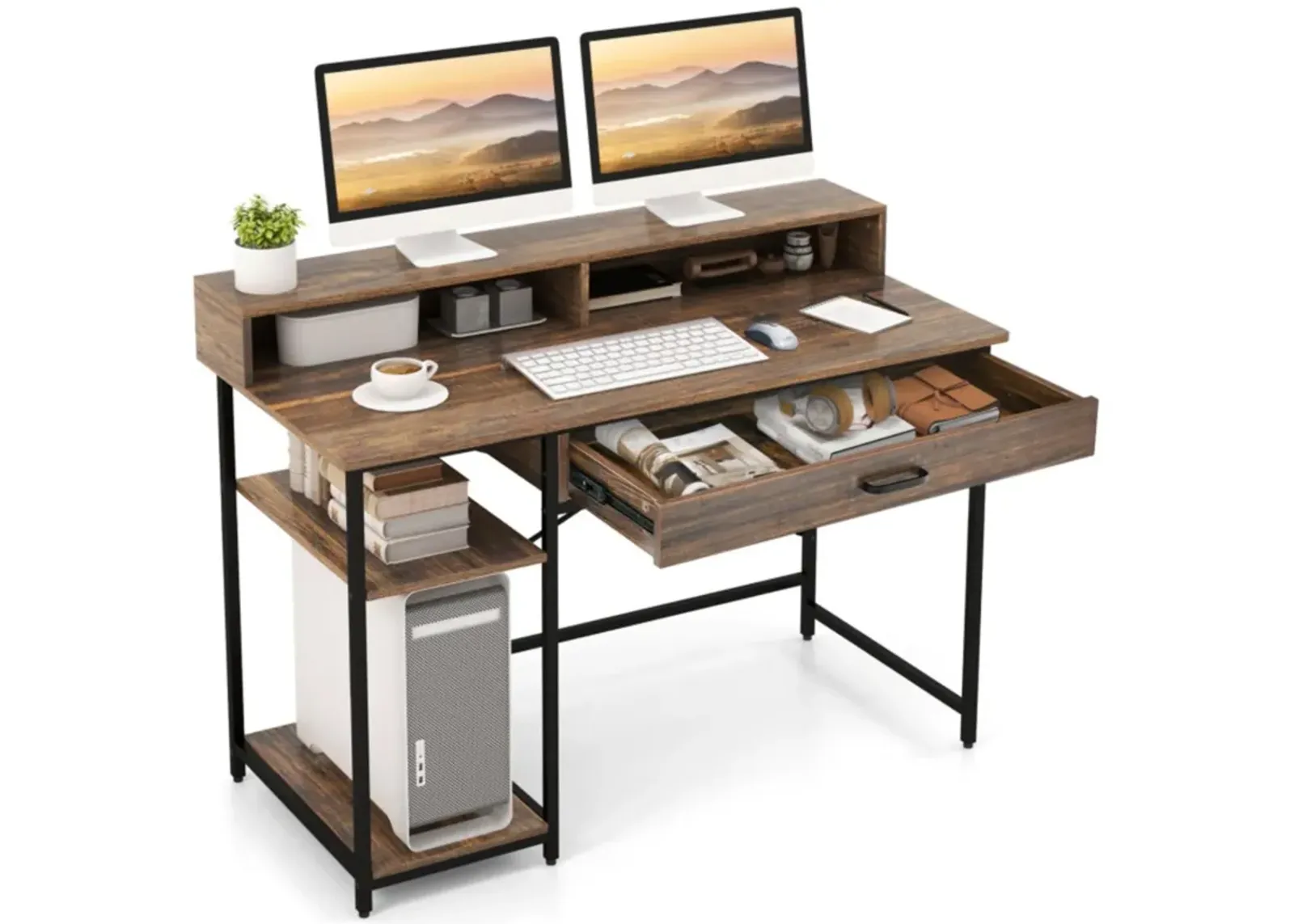 Hivvago 48 Inch Computer Desk with Monitor Stand Drawer and Shelves