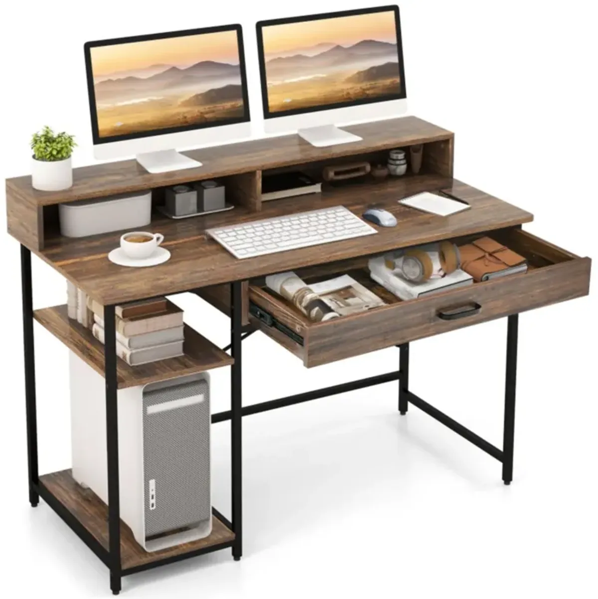 Hivvago 48 Inch Computer Desk with Monitor Stand Drawer and Shelves