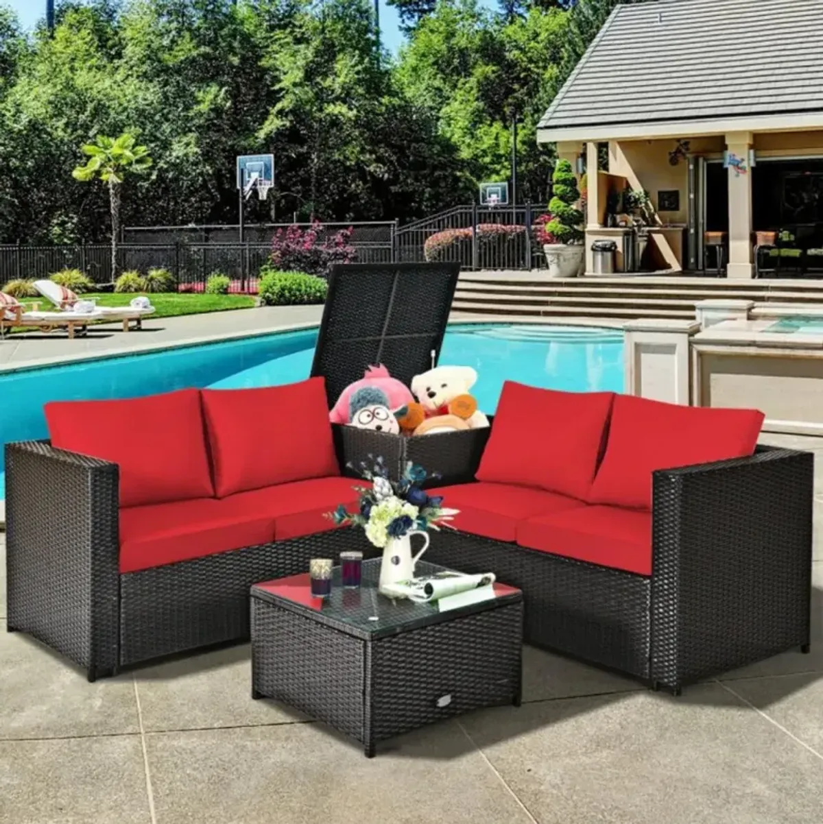 Hivvago 4 Pieces Outdoor Patio Rattan Furniture Set with Loveseat and Storage Box