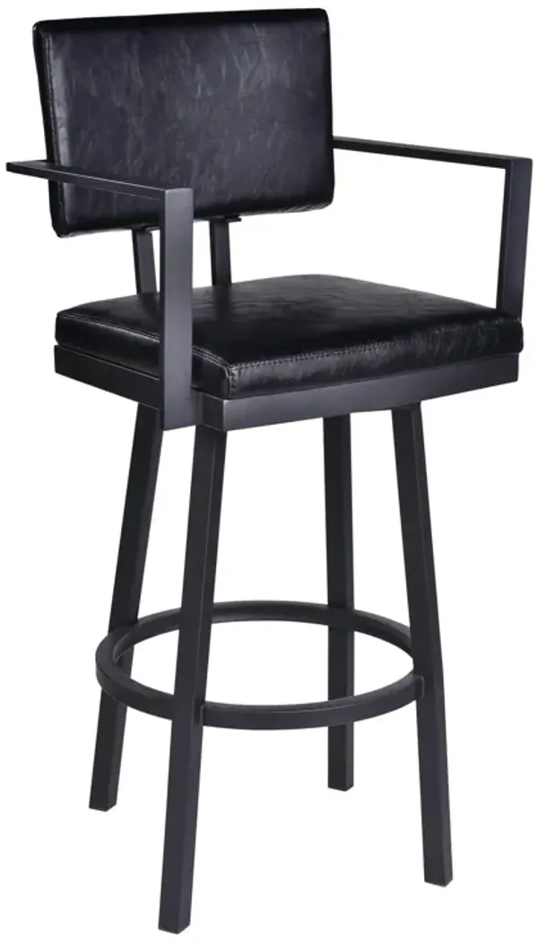 Lumbar Back Faux Leather Barstool with Stainless Steel Legs and Arms, Black - Benzara