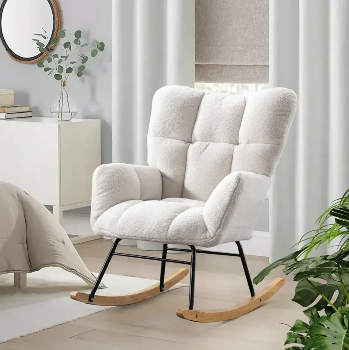 Teddy Fabric Rocking Chair, Upholstered Rocker Armchair with High Backrest, Modern Rocking Accent Chair for Nursery, Living Room, Bedroom