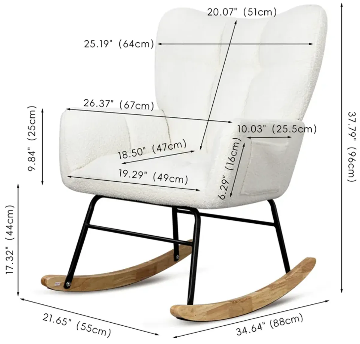 Teddy Fabric Rocking Chair, Upholstered Rocker Armchair with High Backrest, Modern Rocking Accent Chair for Nursery, Living Room, Bedroom