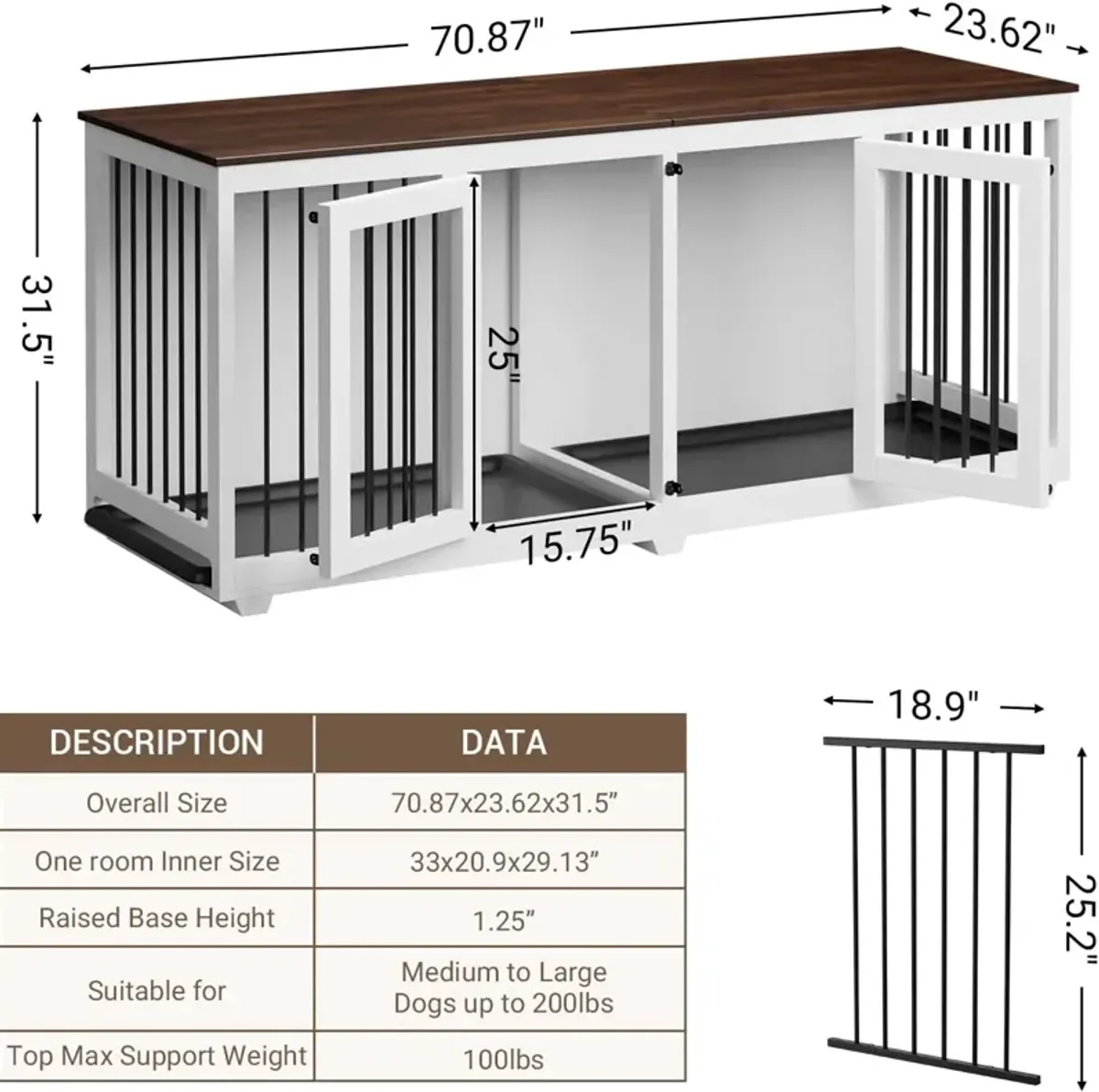 71 in. Heavy-Duty Wooden Dog Crate for 2 Dogs, XXL Large Dog Crate Furniture with Trays and Divider for Large Medium Dog