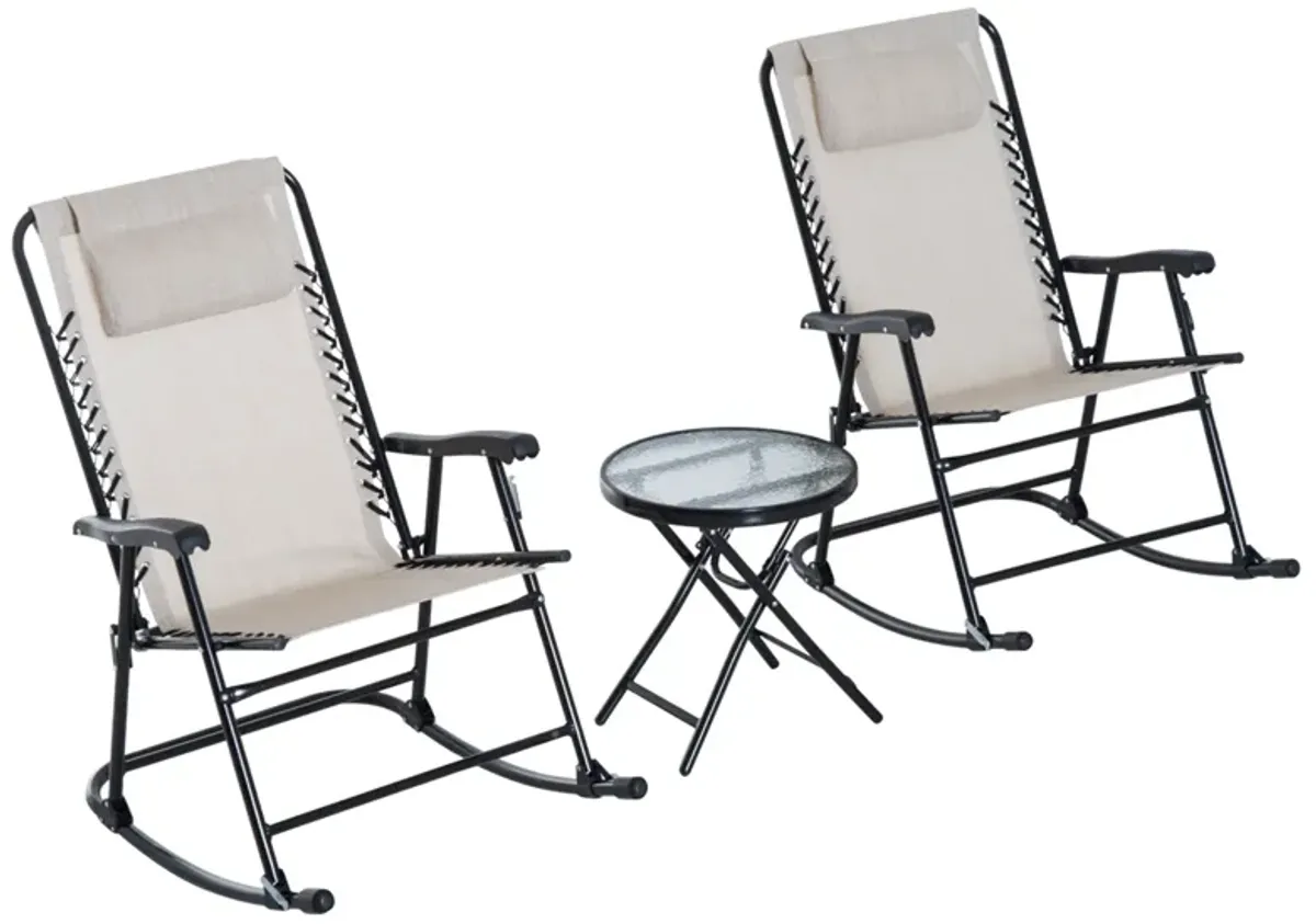 Cream Outdoor Ensemble: 3-Piece Folding Rocking Set with Glass Table