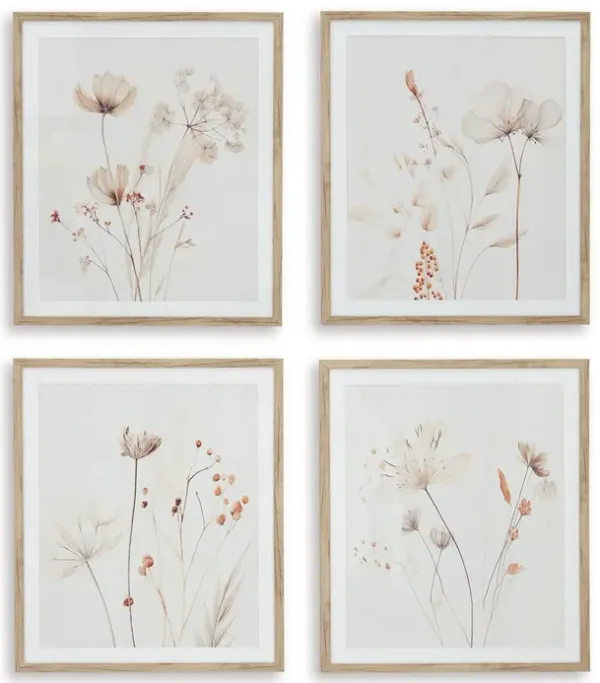 Corwin Wall Art Set of 4, Simple Flowers, Light Brown Wood Frame 23x27 - Benzara