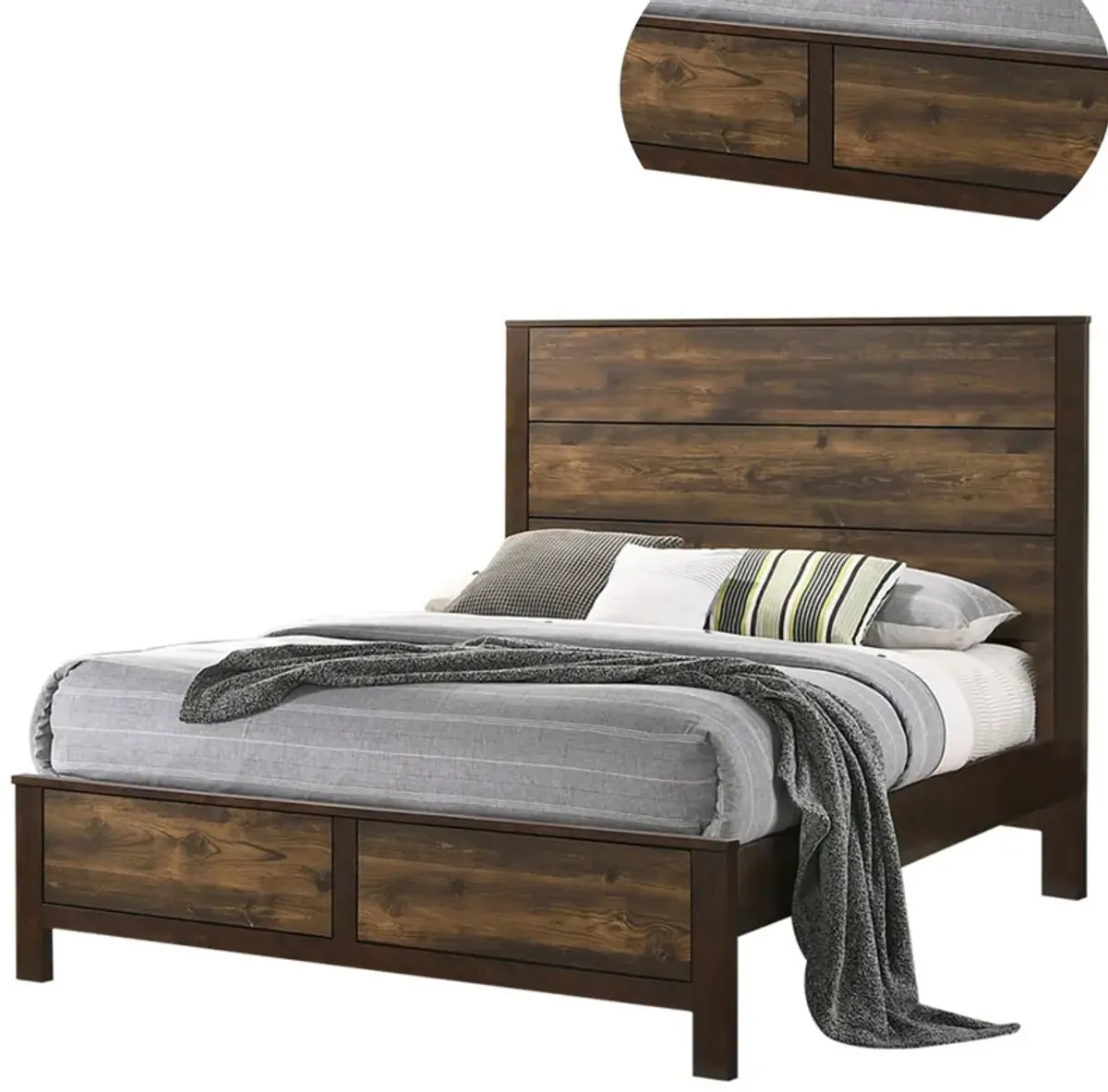 Roki Platform King Size Bed with Panel Design, Rustic Dark Brown Finish - Benzara