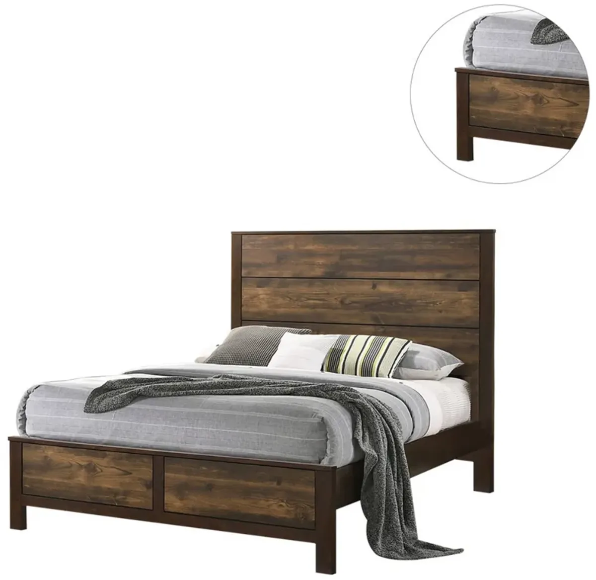 Roki Platform King Size Bed with Panel Design, Rustic Dark Brown Finish - Benzara