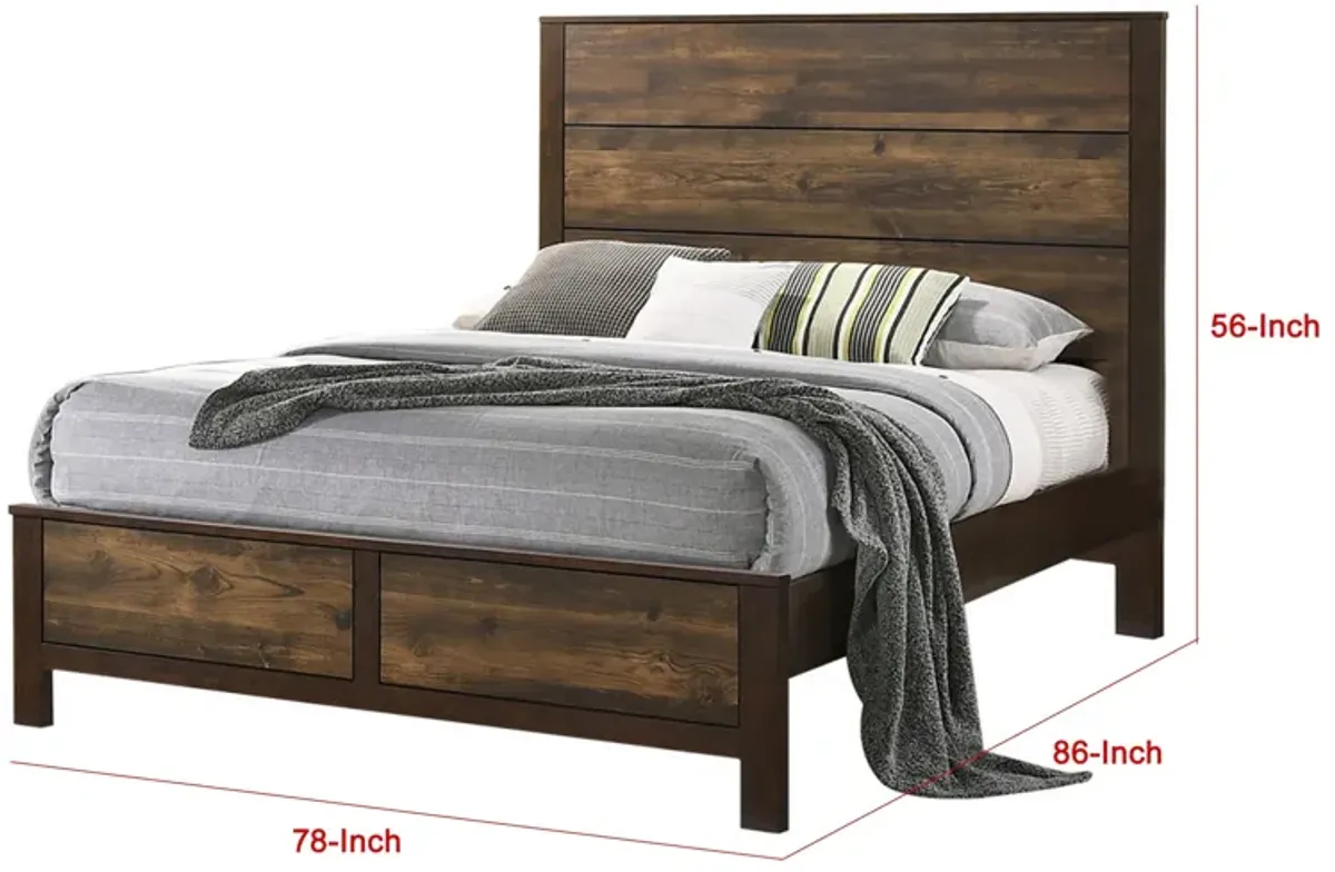 Roki Platform King Size Bed with Panel Design, Rustic Dark Brown Finish - Benzara