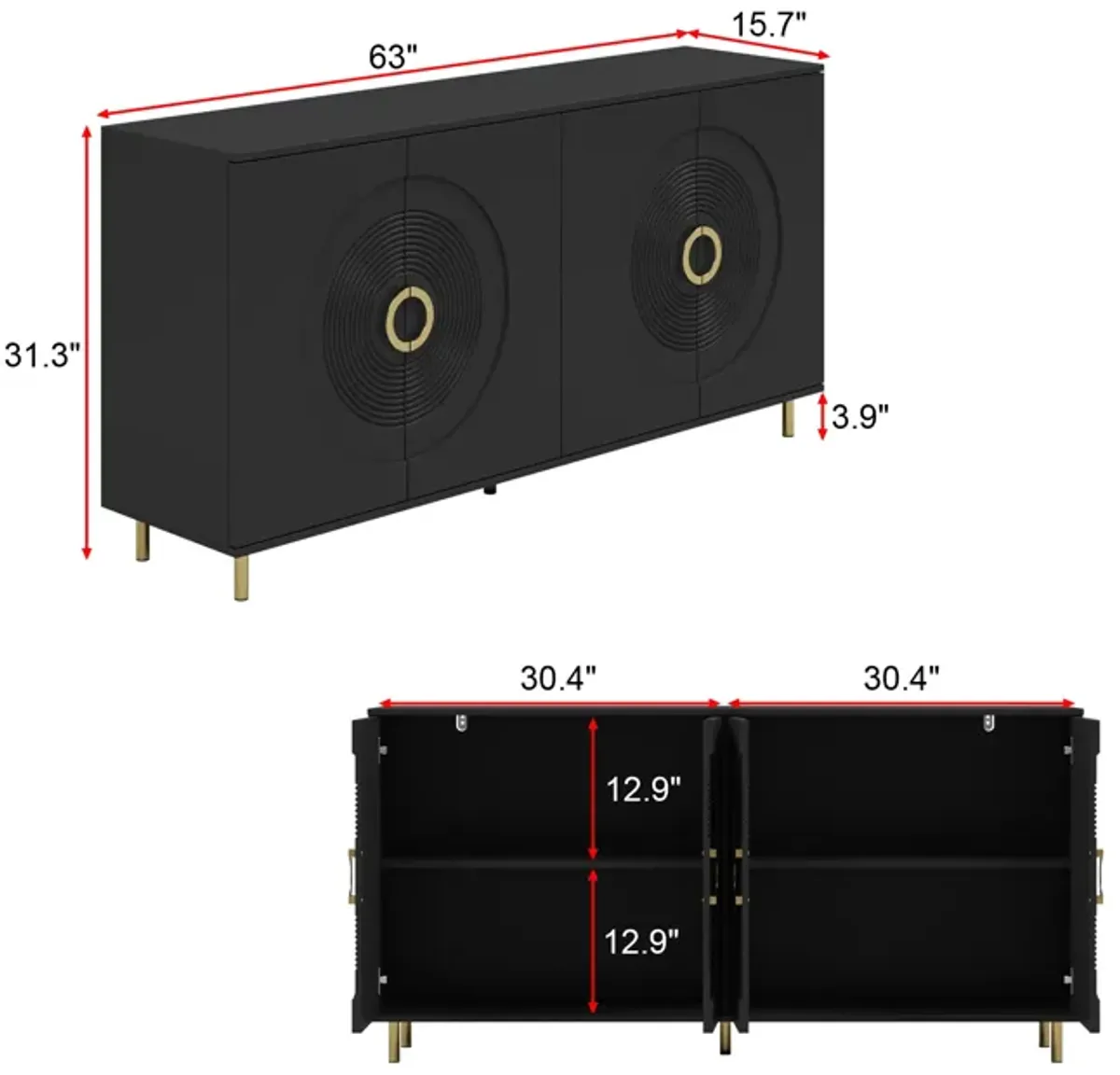 FUFU&GAGA Gold Sideboard with Circle Pattern Doors, (63" W x 31.3" H x 15.7" D),Black