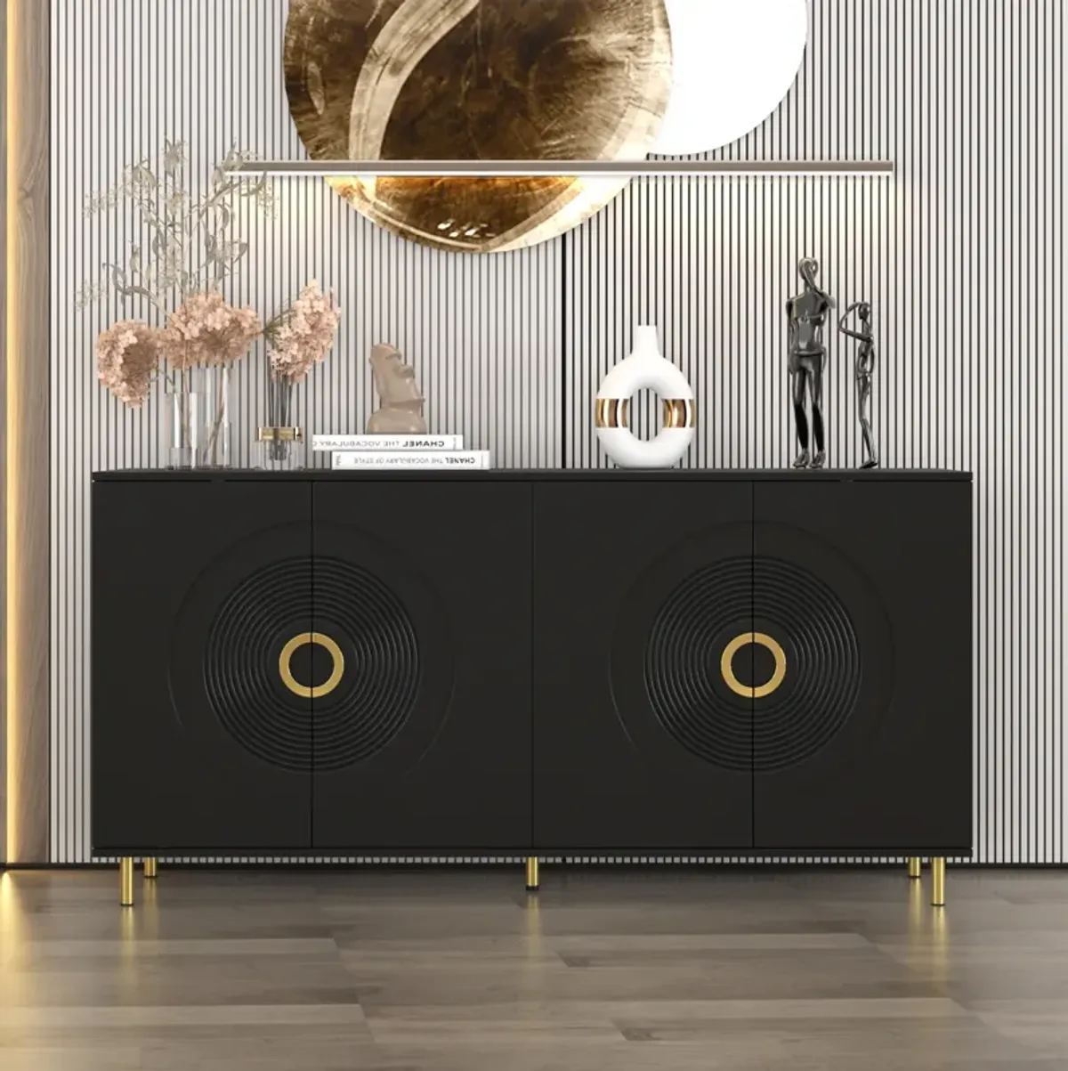 FUFU&GAGA Gold Sideboard with Circle Pattern Doors, (63" W x 31.3" H x 15.7" D),Black