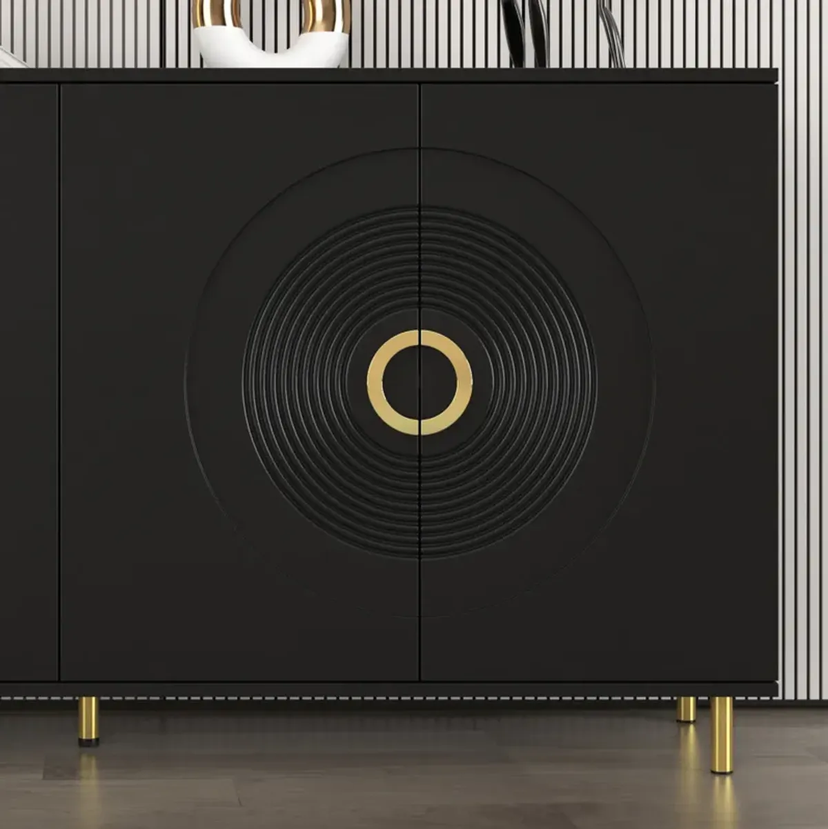 FUFU&GAGA Gold Sideboard with Circle Pattern Doors, (63" W x 31.3" H x 15.7" D),Black