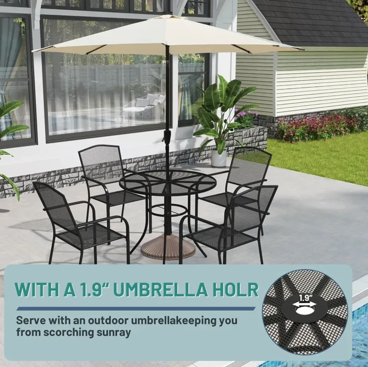 MONDAWE Steel Mesh Table Round Circle Dining Table With Umbrella Hole For Patios