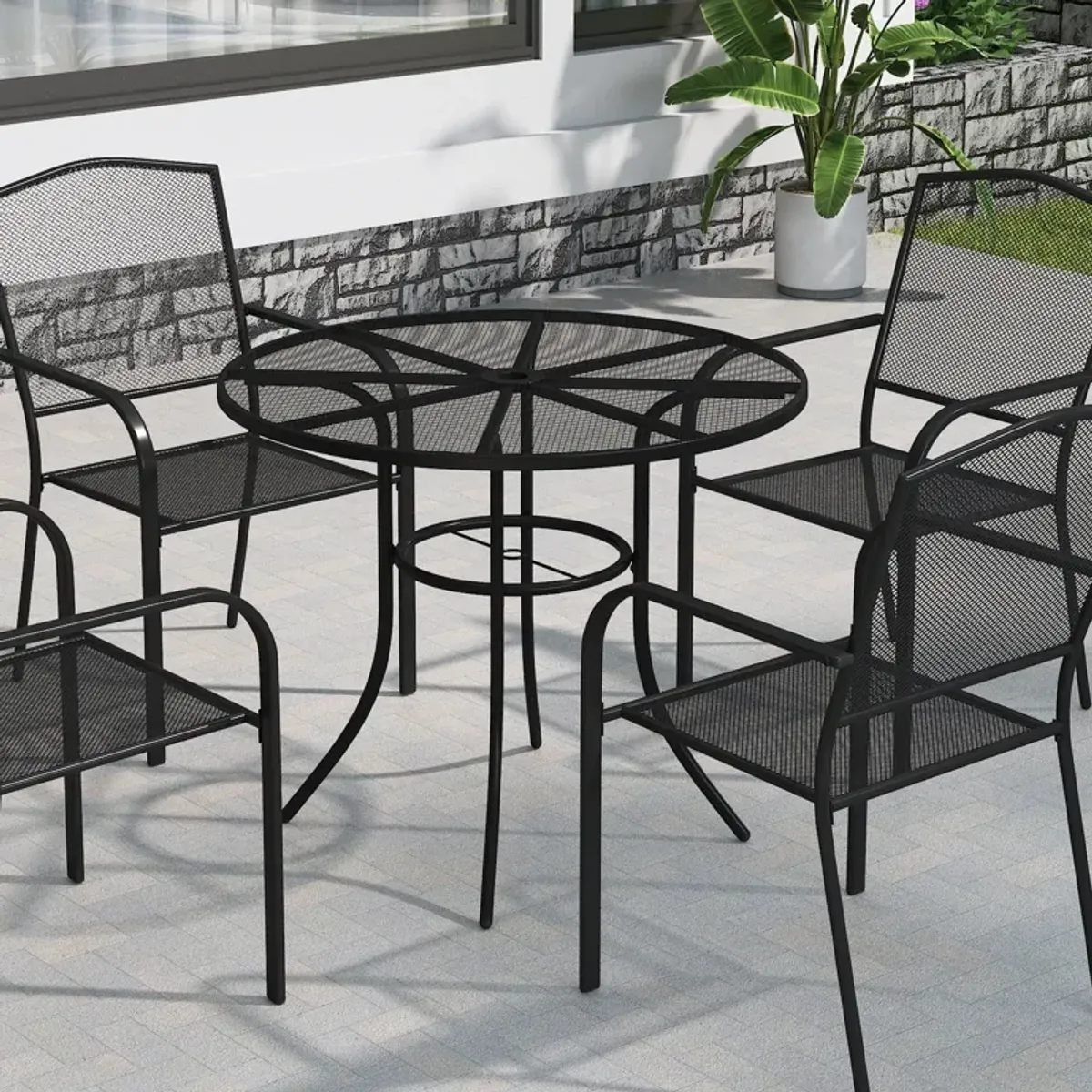 MONDAWE Steel Mesh Table Round Circle Dining Table With Umbrella Hole For Patios